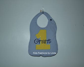 Personalized Blue Gingham Bib with Solid Yellow Number