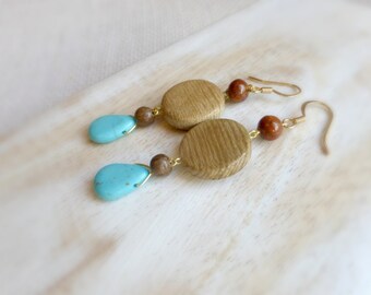 Blue turquoise wood earrings ,Wooden jewelry anniversary gift , Eco green dangle earrings for her , Long wood drop earrings