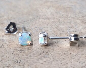 Genuine Opal studs- 3mm (October Birthstone) earrings in Sterling Silver.