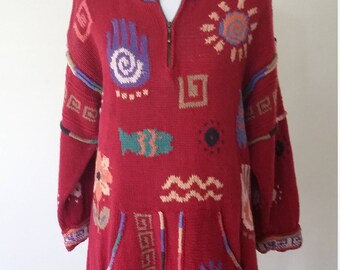 Icelandic sweater, M, L, maroon sweater, tunic sweater, zip front sweater, hippie sweater, whimsical sweater, novelty sweater, 80's sweater