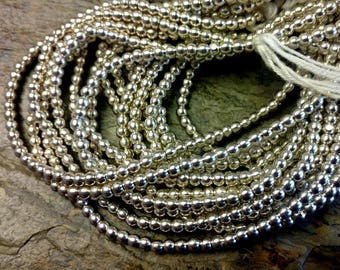 Round Brass Bead, 3.5mm, African Brass Trade Beads, Silver Plated, 25 Inch, Priced per Strand