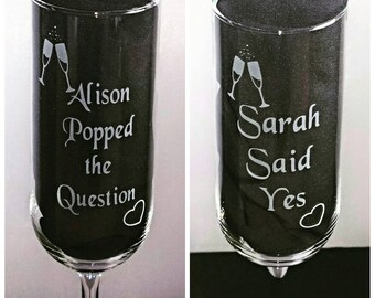 Pair of Engraved Engagement Champagne Flutes - Personalised - Popped the Question