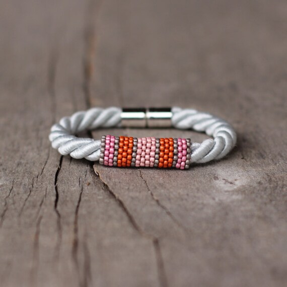 White silver pink orange rope bracelet closure