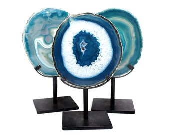 Agate Slice in Metal Stand - Teal Color - Extra Quality Agates from Brazil - Boho home decor (HW2-04)
