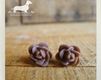 DOLLAR DEAL! Chocolate Brown. Rosebud Post Earrings -- (Vintage-Style, Flower Stud, Rustic Chic, Autumn Fashion, Simple, Bridesmaid Jewelry)
