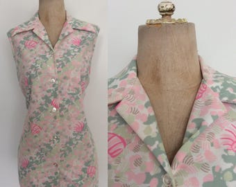 1970's Seashell Print Polyester Top Pink & Green Pastel Size Large by Maeberry Vintage
