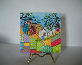 Canvas art, acrylic painting, small canvas art, countryside painting, housewarming gift, new home gift, house art, garden art