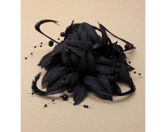 Black Fascinator. Flower Feather Beaded Fascinator, Head Piece, Christening, Wedding, Races, Corsage Brooch, Black Flower Fascinator