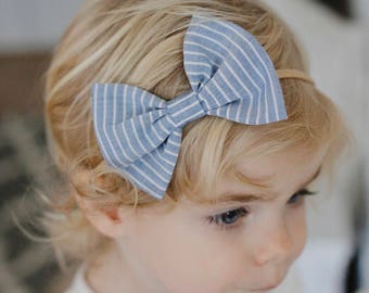 Summer Blue Stripe : baby bow nylon headband