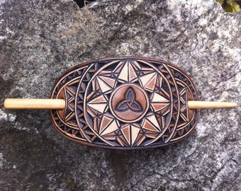 Geometric Triquetra hand carved leather hair barrette - tooled leather jewelry