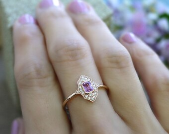 18K solid gold emerald cut pink sapphire and diamond art deco ring