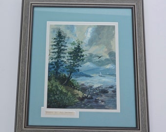 Antique Watercolor Painting - Lake Mountain Scene picture - art - watercolour No.00541