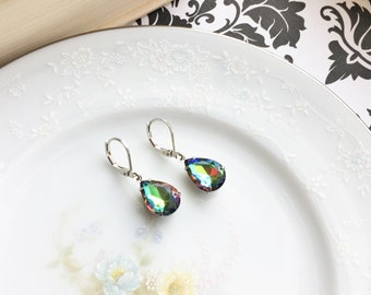 Vintage Glass Watermelon Jewel Dangle Earrings, Rainbow Heliotrope Glass Earrings, Simple Dangle Earrings, Hypoallergenic, Silver Earrings