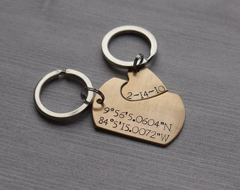 Bronze keychain set - hand stamped - couples keychain - 8th anniversary - heart cut-out keychain