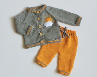 Knitted baby girl outfit grey and yellow set knit newborn merino set merino cardigan and trousers MADE TO ORDER