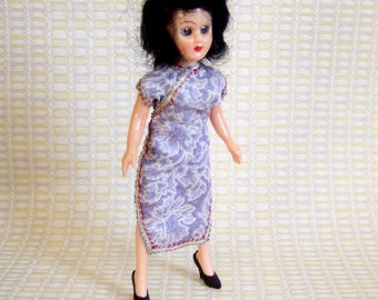 Pretty 1950s Chinese Costume Doll in a Cheongsam Dress & High Heels - Vintage Made in Hong Kong Glamorous Doll