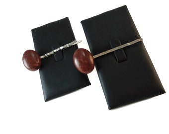 Set of Two Brown Stone Bobby Pins, Dark Brown Natural Gemstone Hair Pin Silver Finished Steel, Brown Oval Stone Cabochon Hair Accessories