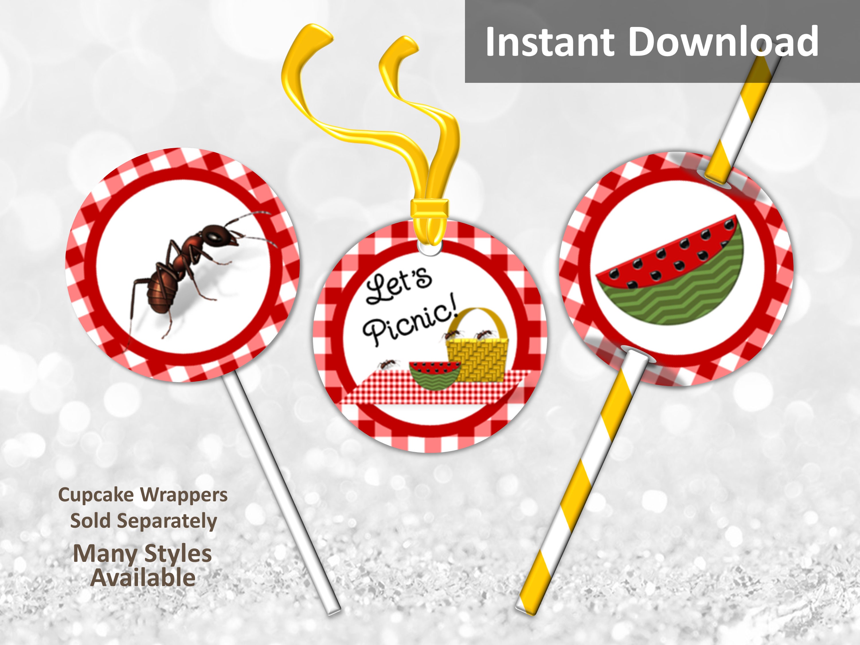 Crimson Red Gingham Picnic Cupcake Toppers Favor Tags Straw