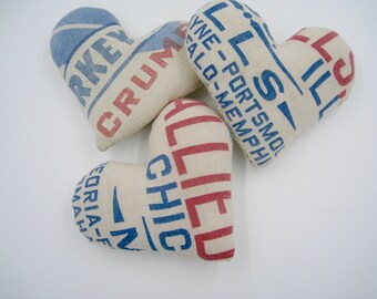 Fabric Hearts, Set of 3, upcycled flour bags