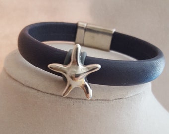 Blue Leather Bracelet with Silver Star
