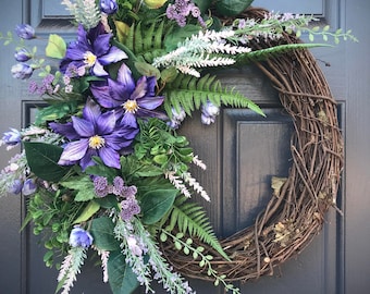 Purple Spring Wreaths, Purple Door Wreaths, Spring Wreath, Gift for Her, Housewarming, Mothers Day, Fun Wreaths, Floral Wreaths, Summer
