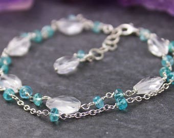 SALE Quartz Crystal Bracelet, Blue Apatite Bracelet, Gemstone Rosary Chain Bracelet, Blue Multi Strand Bracelet, Sterling Silver
