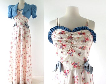 Vintage 1930s Gown | Jezebel | 30s Floral Dress | Dress with Jacket | XS S