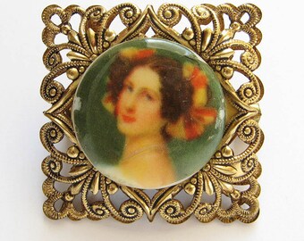 Vintage Western Germany Filigree Portrait Brooch Small Square Openwork Pin 1950s