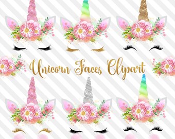 Unicorn Faces Clipart, rainbow, pink and gold watercolor unicorn horn clip art, glitter unicorn graphics, baby shower, weddings