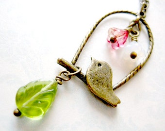 Bird Necklace, Birds Pendant Jewelry, Bird Charm Necklace, Bird, flower and leaf Necklace, Cage Necklace, Love Bird Necklace