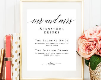 Mr and Mrs Signature drink sign download Editable template Wedding template DIY Signature cocktail sign Wedding drink menu template #vm51