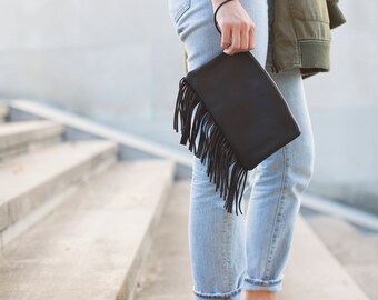 Black Leather Fringe Clutch