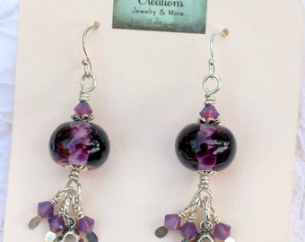 Lampwork Bead Earrings, Lampwork Bead Jewelry, Purple Lampwork Beads, Key Charm, Sterling Silver ear wires