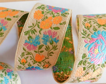Floral jacquard~Woven Jacquard Ribbon Trim Tape~Blue~Pink~Neon orange~Sage green~floral~1-3/4"