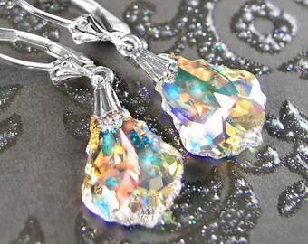 Clear Crystal Earrings Sterling Silver Ice Clear Aurora Borealis Swarovski Crystal Dangle Drop Earrings Baroque Clear Crystal Jewelry