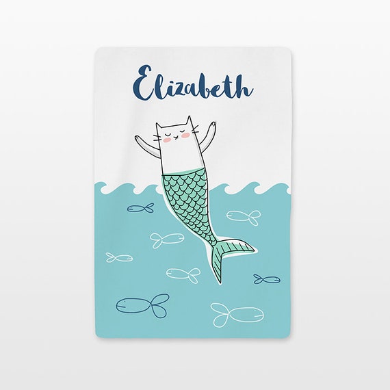 Cat Mermaid Personalized Baby Blanket Custom Name Baby Girl Throw Minky Soft Fleece Kids New Baby Gift Idea Ocean Nursery Cute White Aqua