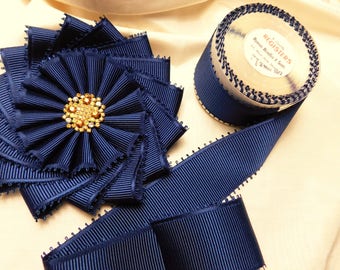Navy Blue Pinwheel Cocarde Topaz Button Ribbonwork