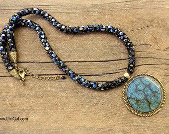 Dark Blue Beaded Necklace Pendant