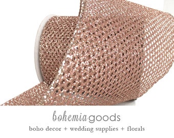10 YD Rose Gold wired Ribbon, mesh, Rose Gold Ribbon, Rose Gold Gift Wrap, Rose Gold Glitter Ribbon, Boho Decor, Bohemian, Rose Gold wedding