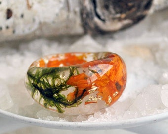 Real Plant Ring, Flower Resin Ring, Terrarium Ring, Floral Ring, Orange Resin Ring, Eco Resin Ring, Garden Ring, Naturalist Gift