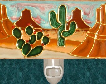 Cactus Southwest Night Light Plug in Desert Nightlight Arizona Art Red Rock Southwestern Southwest Bathroom Decor Stained Glass Cactus Art