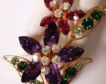Vintage Austrian Crystal Multi-Color Flower Brooch Austria STUNNING! Dimensional