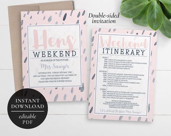 Printable Hens Weekend Invitation | Editable PDF | Bachelorette Weekend | Hens Party | Hens Weekend Itinerary Invitation | Pink and Navy