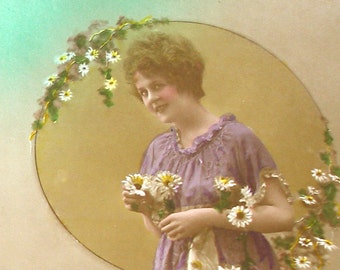 1900s French postcard Edwardian lady with daisies, RPPC real photo, paper ephemera.