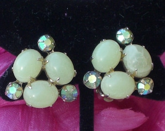 Earrings - Coro - Green Cabochons - Rhinestones - Vintage
