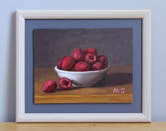 Red Ripe Raspberries in a Bowl Framed Kitchen Painting Still Life by Aleksey Vaynshteyn