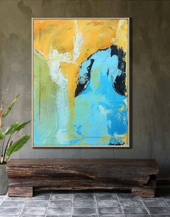 Extra Large Wall art Acrylic painting Framed Art Yellow