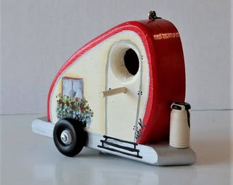 Red and IvoryTear Drop Trailer Birdhouse , Decorative , Colorful , Whimsical