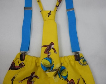 curious george diaper cover or shorts with matching necktie and blue suspenders, curious george cake smash, curious george birthday