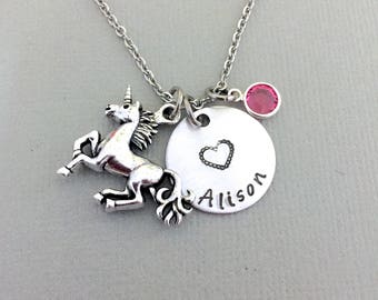 Unicorn Necklace with name plate and birthstone Daughter